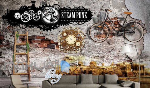 Image of Damage Wall With Bicycle And Steam Punk Sign Art Wall Murals Wallpaper Decals Prints Decor IDCWP-JB-000239