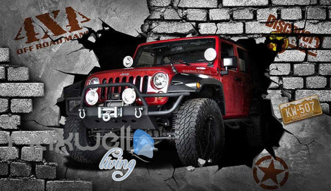 Image of 3D 4X4 Jeep Car Breakthrough Brick Wall Art Wall Murals Wallpaper Decals Prints Decor IDCWP-JB-000249