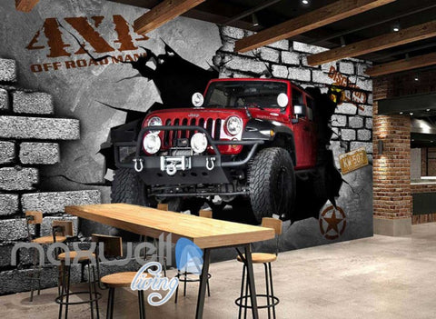 Image of 3D 4X4 Jeep Car Breakthrough Brick Wall Art Wall Murals Wallpaper Decals Prints Decor IDCWP-JB-000249
