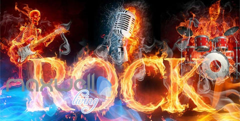Image of Drum Guitar Flames Skeleton Rock Music Performance Art Wall Murals Wallpaper Decals Prints Decor IDCWP-JB-000251