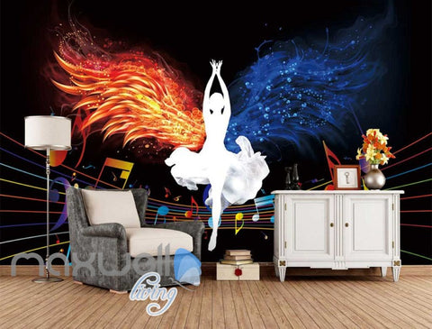 Image of White Silohuette Of Woman Lotus Pose With Fire And Water Wings Art Wall Murals Wallpaper Decals Prints Decor IDCWP-JB-000267