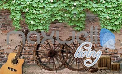 Image of Graphic Art Design Of Old Wall With Guitar And Wooden Wheels Art Wall Murals Wallpaper Decals Prints Decor IDCWP-JB-000282