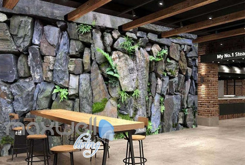 Image of Natural Stone Wall With Plants Wallpaper Art Wall Murals Wallpaper Decals Prints Decor IDCWP-JB-000332