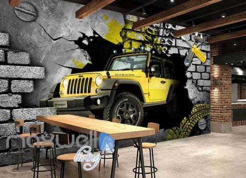 Image of 3D 4X4 Jeep Car Breakthrough Brick Wall Art Wall Murals Wallpaper Decals Prints Decor IDCWP-JB-000333