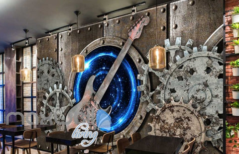 Image of Grunge Poster With Rusted Gear And Guitar Art Wall Murals Wallpaper Decals Prints Decor IDCWP-JB-000344