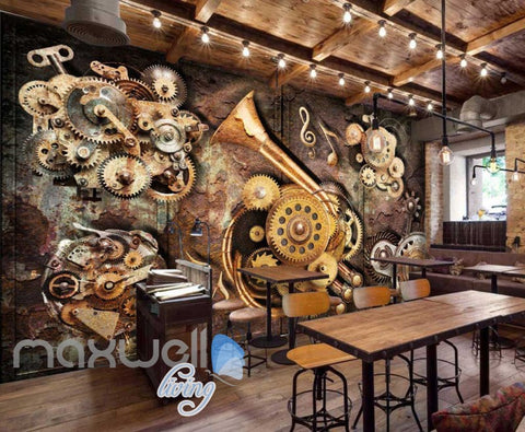 Image of Grunge Poster With Gears And Old Trumpet Art Wall Murals Wallpaper Decals Prints Decor IDCWP-JB-000350