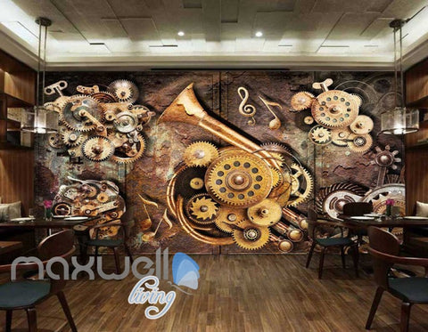 Image of Grunge Poster With Gears And Old Trumpet Art Wall Murals Wallpaper Decals Prints Decor IDCWP-JB-000350