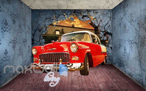 Image of 3D Old Car Breaking Through Room Wall Art Wall Murals Wallpaper Decals Prints Decor IDCWP-JB-000352