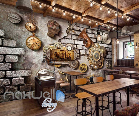 Image of Grunge Poster With Gears Old Clocks And Trumpet In Brick Wall Art Wall Murals Wallpaper Decals Prints Decor IDCWP-JB-000356