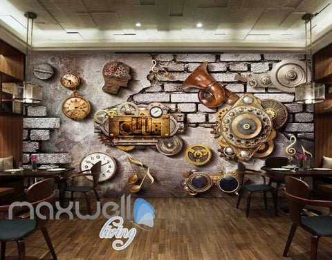 Image of Grunge Poster With Gears Old Clocks And Trumpet In Brick Wall Art Wall Murals Wallpaper Decals Prints Decor IDCWP-JB-000356