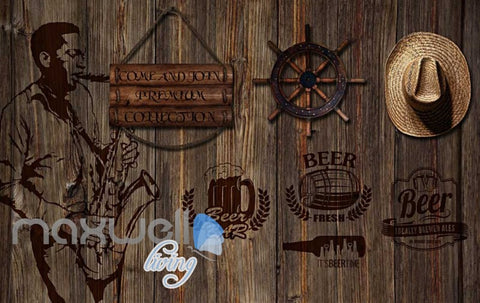 Image of Country Style Poster Wooden Wall With Hat And Black Beer Sign Art Wall Murals Wallpaper Decals Prints Decor IDCWP-JB-000370