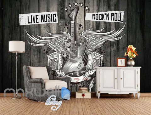 Image of Black And White Poster Of A Guitar With Wings Art Wall Murals Wallpaper Decals Prints Decor IDCWP-JB-000392