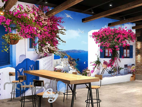 Image of Seaside View With White Houses With Blue Doors And Windows Art Wall Murals Wallpaper Decals Prints Decor IDCWP-JB-000403