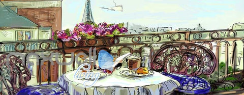 Image of wallpaper drawing of terrace with eiffel tower veiw Art Wall Murals Wallpaper Decals Prints Decor IDCWP-JB-000472
