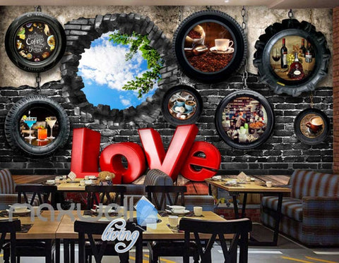 Image of 3d wallpaper with car wheels and hole on brick Art Wall Murals Wallpaper Decals Prints Decor IDCWP-JB-000478