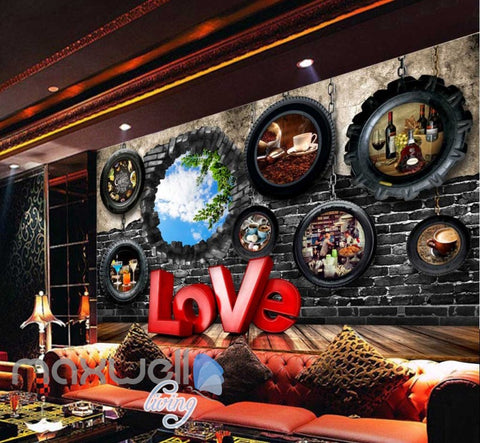 Image of 3d wallpaper with car wheels and hole on brick Art Wall Murals Wallpaper Decals Prints Decor IDCWP-JB-000478