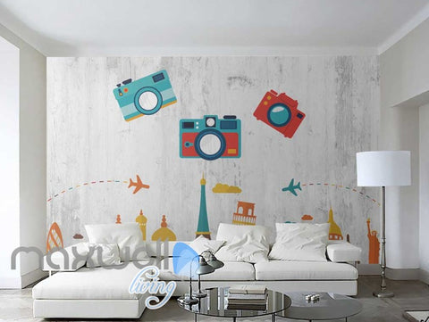 Image of colourful graphic design with retro photo cameras with icon monuments of cities Art Wall Murals Wallpaper Decals Prints Decor IDCWP-JB-000479