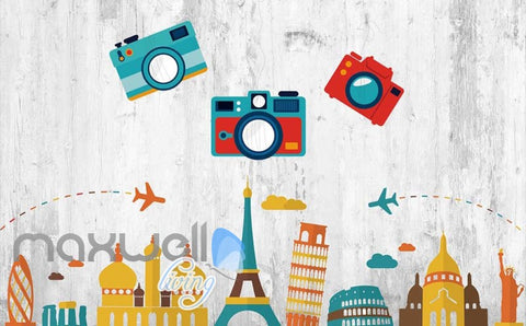 Image of colourful graphic design with retro photo cameras with icon monuments of cities Art Wall Murals Wallpaper Decals Prints Decor IDCWP-JB-000479