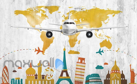 Image of colourful graphic design with airplane and icon monuments of cities Art Wall Murals Wallpaper Decals Prints Decor IDCWP-JB-000480