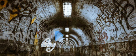 Image of 3d wallpaper of a dark tunnel with graffiti on walls Art Wall Murals Wallpaper Decals Prints Decor IDCWP-JB-000483