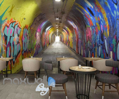 Image of 3d wallpaper of a dark tunnel with graffiti on walls Art Wall Murals Wallpaper Decals Prints Decor IDCWP-JB-000484