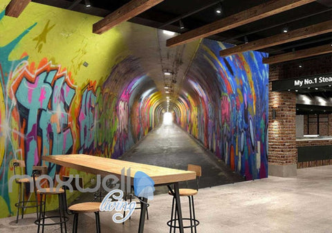 Image of 3d wallpaper of a dark tunnel with graffiti on walls Art Wall Murals Wallpaper Decals Prints Decor IDCWP-JB-000484