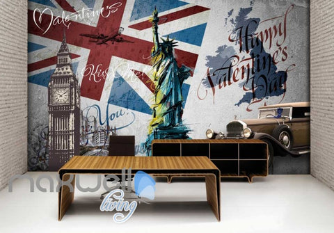 Image of wallpaper graphic design of london flag big ben and liberty statu Art Wall Murals Wallpaper Decals Prints Decor IDCWP-JB-000485