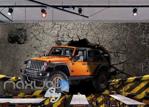 Image of 3d wallpaper orange jeep breaking wall Art Wall Murals Wallpaper Decals Prints Decor IDCWP-JB-000514