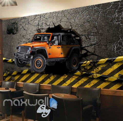 Image of 3d wallpaper orange jeep breaking wall Art Wall Murals Wallpaper Decals Prints Decor IDCWP-JB-000514