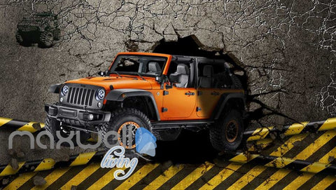 Image of 3d wallpaper orange jeep breaking wall Art Wall Murals Wallpaper Decals Prints Decor IDCWP-JB-000514