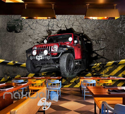 Image of 3d wallpaper red jeep breaking wall Art Wall Murals Wallpaper Decals Prints Decor IDCWP-JB-000515