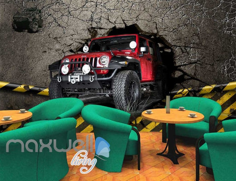 Image of 3d wallpaper red jeep breaking wall Art Wall Murals Wallpaper Decals Prints Decor IDCWP-JB-000515