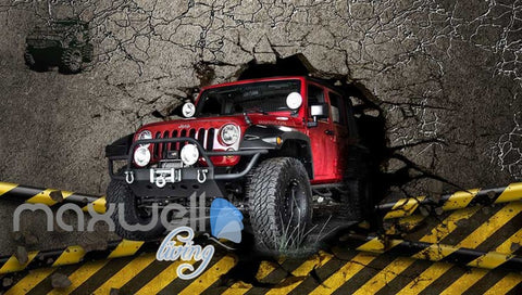 Image of 3d wallpaper red jeep breaking wall Art Wall Murals Wallpaper Decals Prints Decor IDCWP-JB-000515