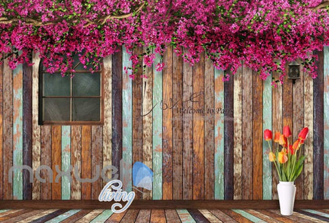 Image of 3d graphic design wallpaper of barn wooden wall with windonw and magnolia flowers Art Wall Murals Wallpaper Decals Prints Decor IDCWP-JB-000528
