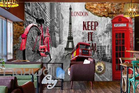 Image of 3d graphic design wallpaper with london icons and eiffel tower Art Wall Murals Wallpaper Decals Prints Decor IDCWP-JB-000530