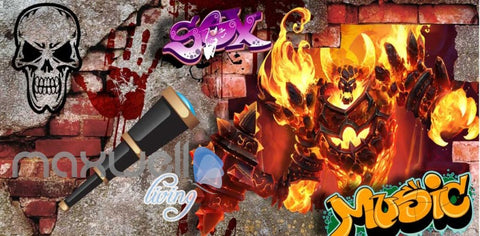 Image of 3d graphic design of fire wall with skull Art Wall Murals Wallpaper Decals Prints Decor IDCWP-JB-000548