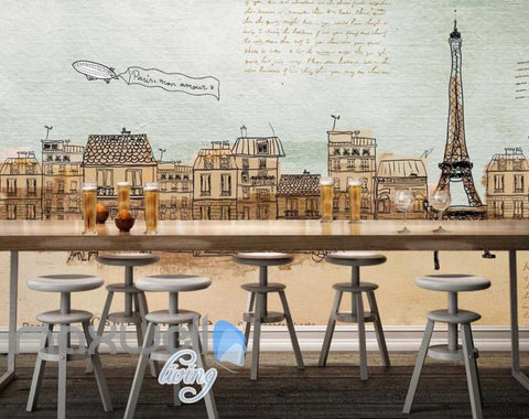 Image of vintage wallpaper drawing of eiffel tower with city of paris Art Wall Murals Wallpaper Decals Prints Decor IDCWP-JB-000551