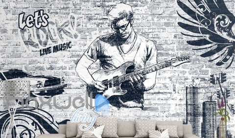 Image of black and white wallpaper of man playing rock music with a guitar Art Wall Murals Wallpaper Decals Prints Decor IDCWP-JB-000552
