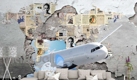 Image of 3d wallpaper of airplane braking old wall with newspaper Art Wall Murals Wallpaper Decals Prints Decor IDCWP-JB-000553