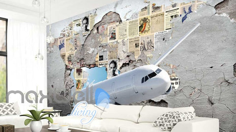 Image of 3d wallpaper of airplane braking old wall with newspaper Art Wall Murals Wallpaper Decals Prints Decor IDCWP-JB-000553