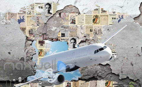 Image of 3d wallpaper of airplane braking old wall with newspaper Art Wall Murals Wallpaper Decals Prints Decor IDCWP-JB-000553