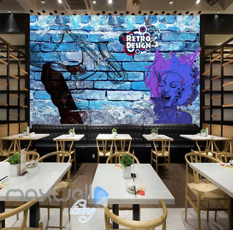 Image of graphic wallpaper design of retro woman on a blue brick wall Art Wall Murals Wallpaper Decals Prints Decor IDCWP-JB-000564