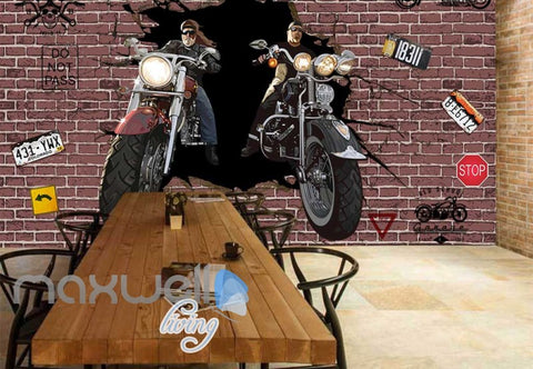 Image of 3d wallpaper with cartoon motorbikes breaking a red brick wall Art Wall Murals Wallpaper Decals Prints Decor IDCWP-JB-000599