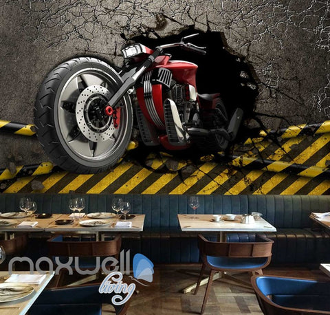 Image of 3d wallpaper graphic design red motorbike breaking wall Art Wall Murals Wallpaper Decals Prints Decor IDCWP-JB-000600