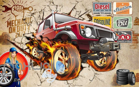 Image of 3d jeep breaking wall with wheels on fire wallpaper Art Wall Murals Wallpaper Decals Prints Decor IDCWP-JB-000607
