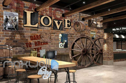 Image of 3d wallpaper barn brick wall with letters and wooden wheels Art Wall Murals Wallpaper Decals Prints Decor IDCWP-JB-000614