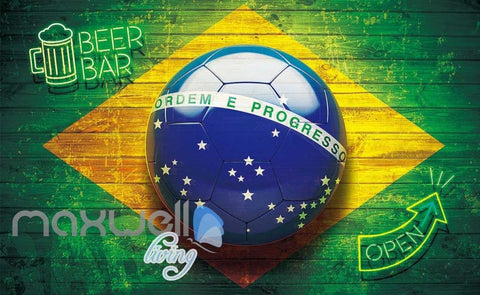 Image of 3d wallpaper futball ball with wooden wall brasil flag Art Wall Murals Wallpaper Decals Prints Decor IDCWP-JB-000617
