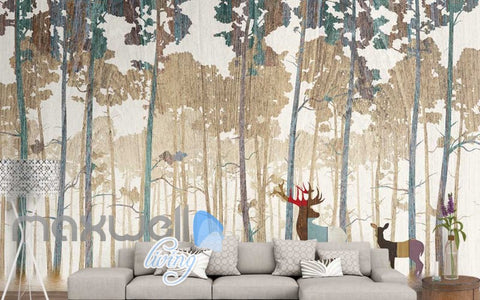 Image of graphic design wallpaper colorful trees and deer Art Wall Murals Wallpaper Decals Prints Decor IDCWP-JB-000623