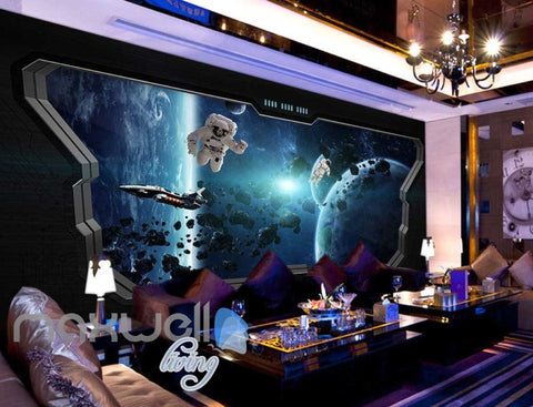 Image of 3d wallpaper of space with astronauts from a space ship window Art Wall Murals Wallpaper Decals Prints Decor IDCWP-JB-000625