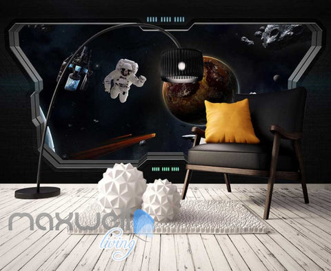Image of 3d wallpaper of space with astronauts from a space ship window Art Wall Murals Wallpaper Decals Prints Decor IDCWP-JB-000626